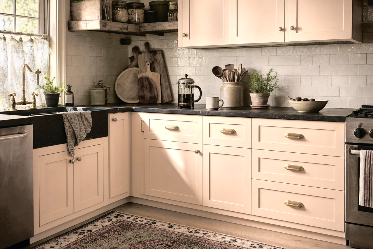 Basking Ridge Beige by Benjamin Moore on cabinets