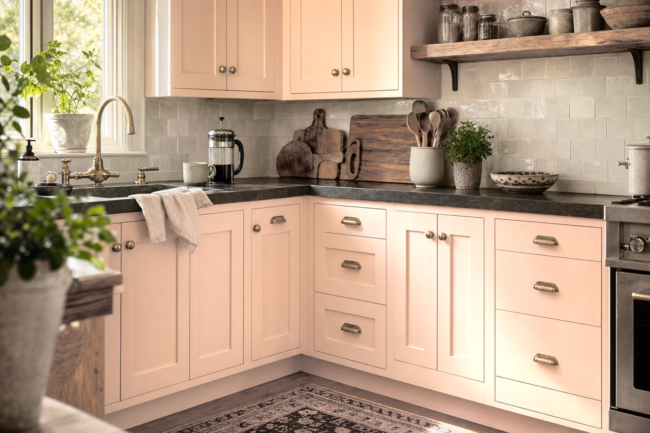 Pink Beach by Benjamin Moore on cabinets