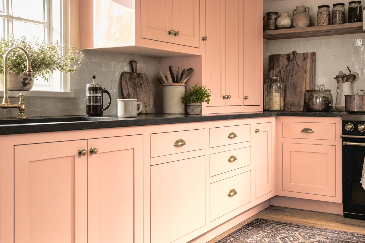 Antique Coral by Benjamin Moore on cabinets