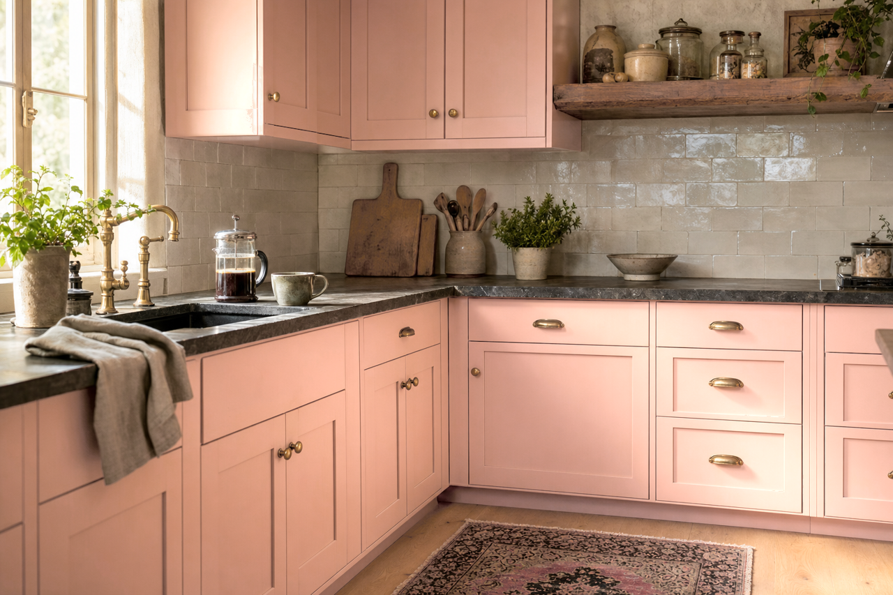 Peach Mousse by Benjamin Moore on cabinets