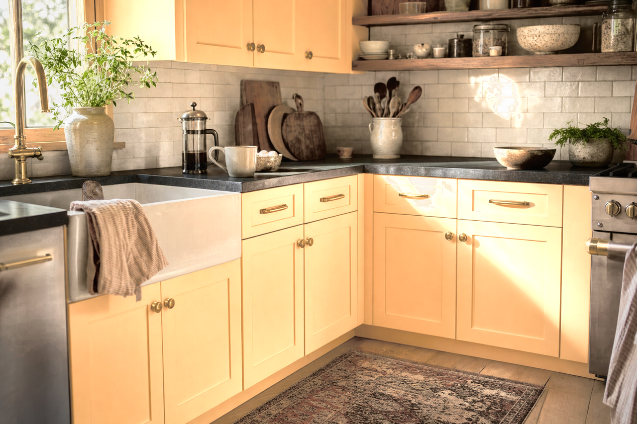 Orange Sherbet by Benjamin Moore on cabinets