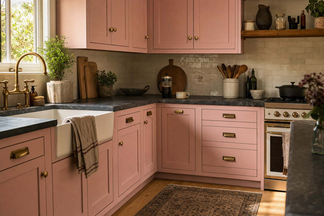 Pink by Benjamin Moore on cabinets