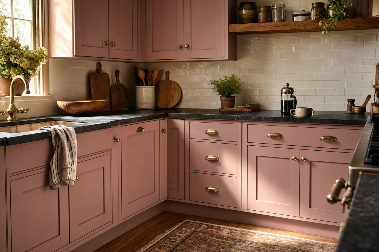 Mauve Mist by Benjamin Moore on cabinets