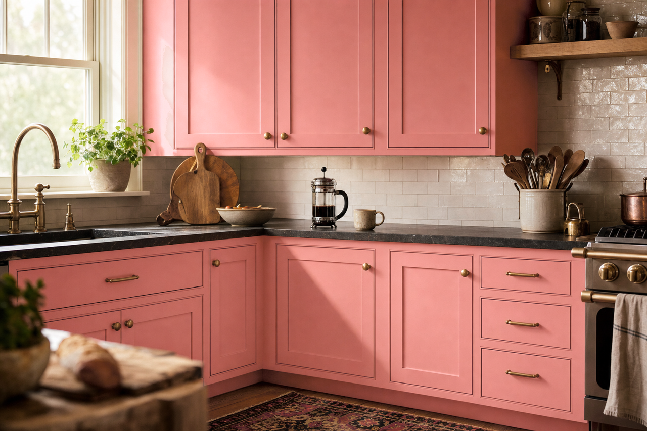 Pink Buff by Benjamin Moore on cabinets