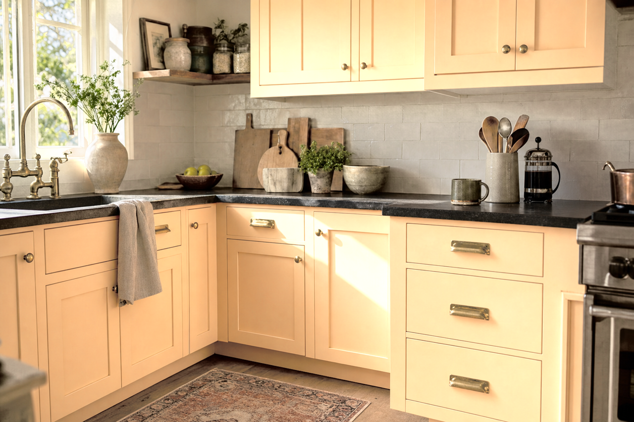 Tangerine by Benjamin Moore on cabinets