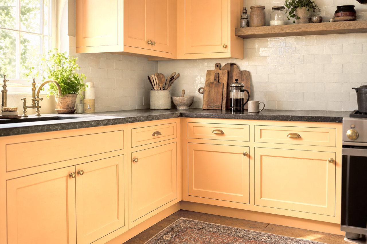 Peach Jam by Benjamin Moore on cabinets