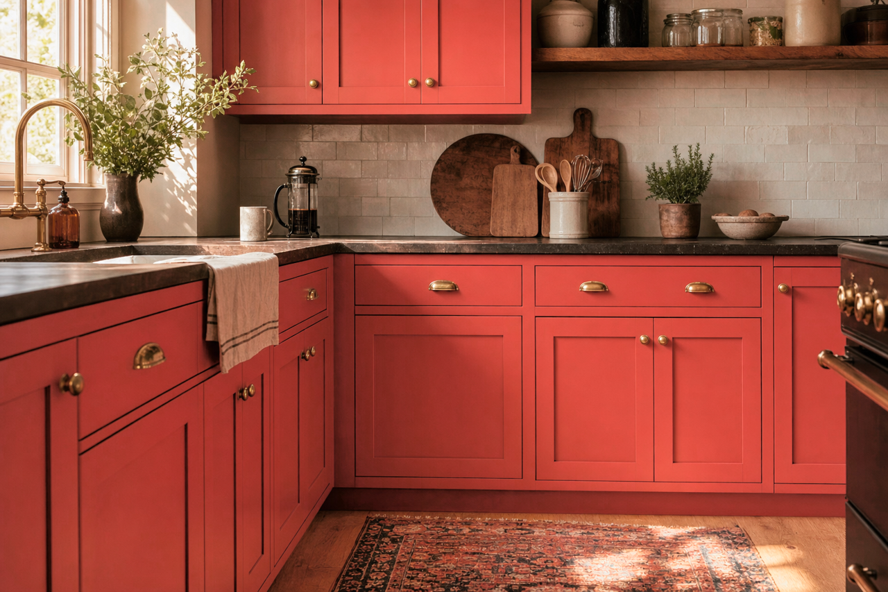Habanero Pepper by Benjamin Moore on cabinets