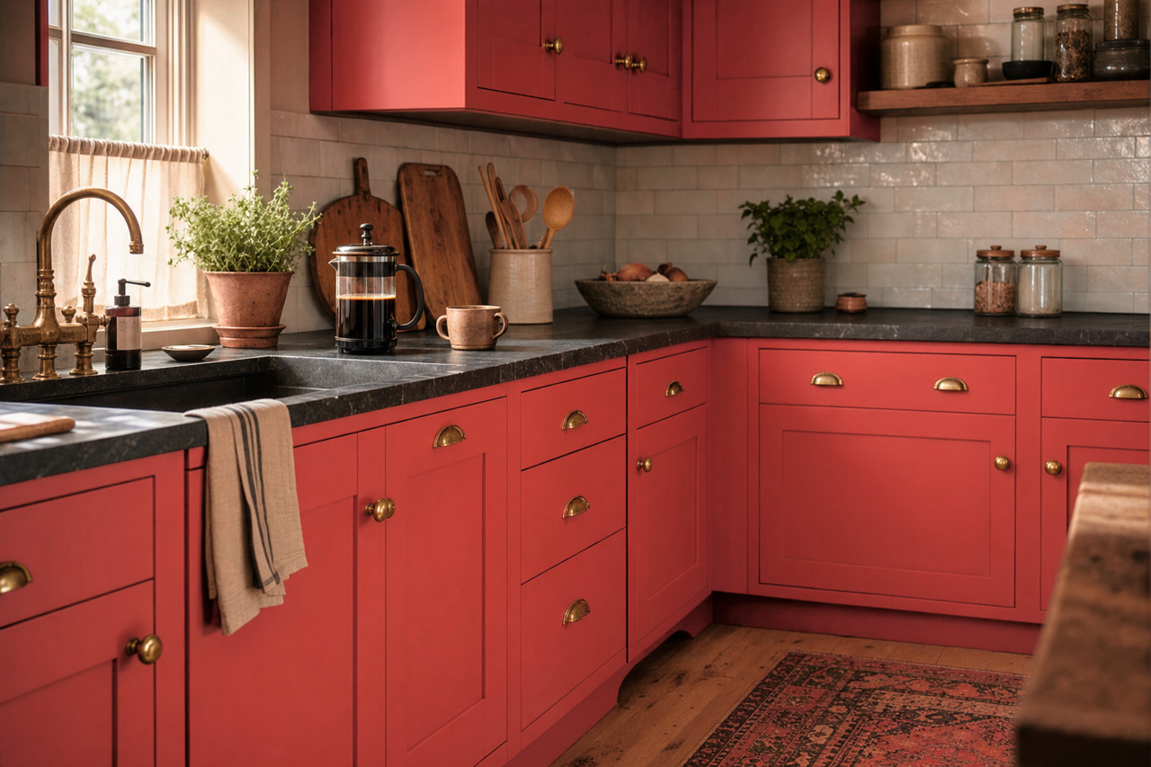 Geranium by Benjamin Moore on cabinets