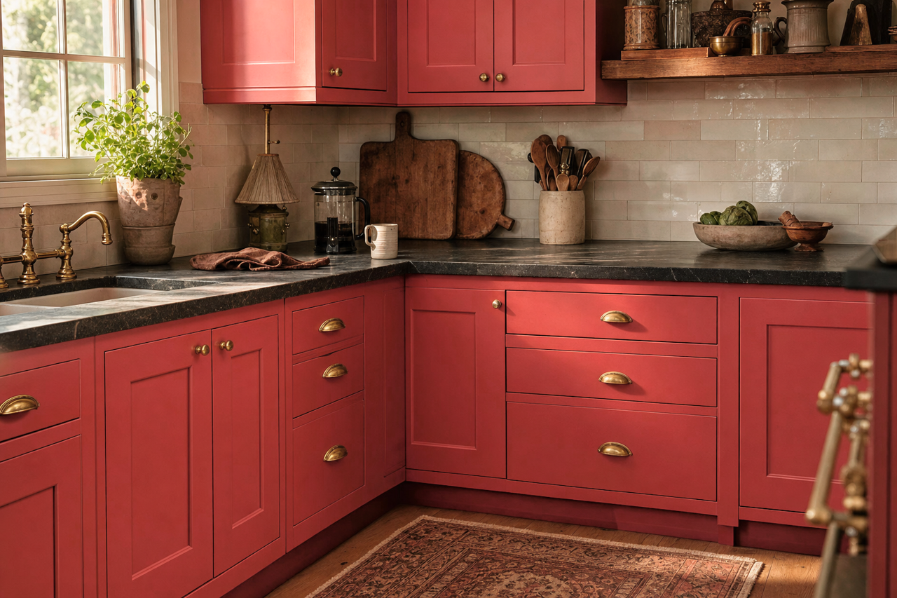 Red by Benjamin Moore on cabinets