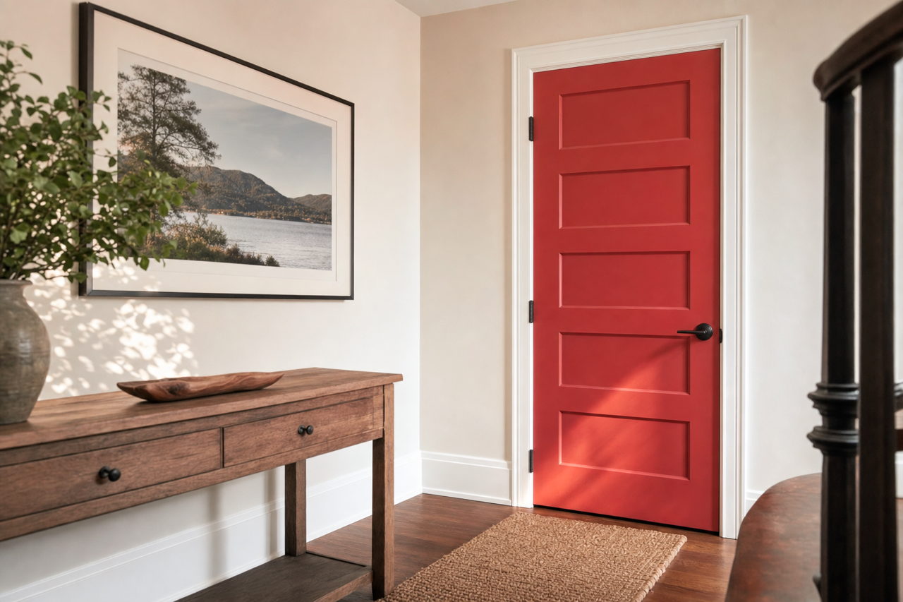 Red by Benjamin Moore on interior-doors