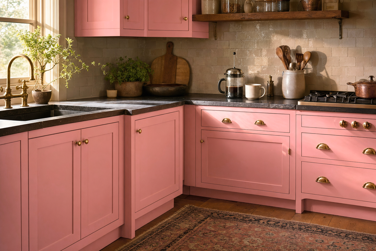 Pink by Benjamin Moore on cabinets