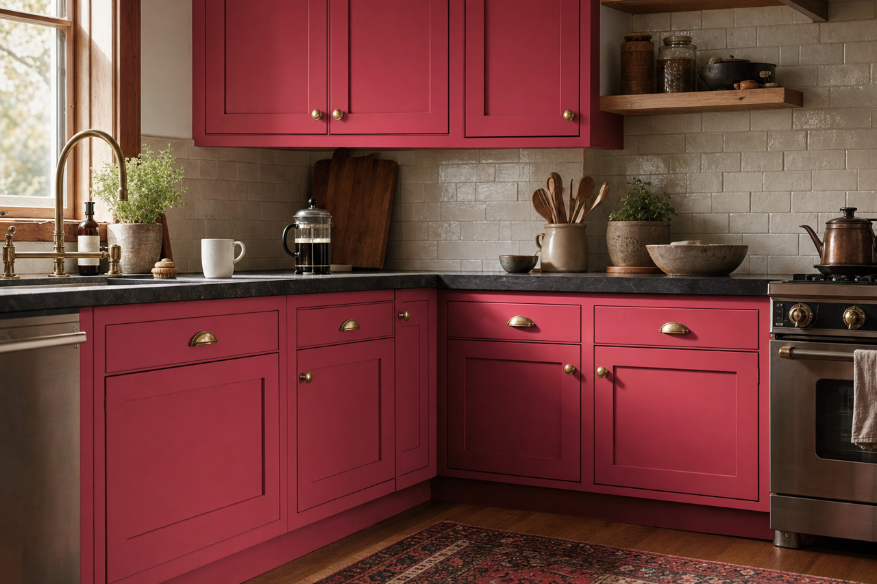Fuchsine by Benjamin Moore on cabinets