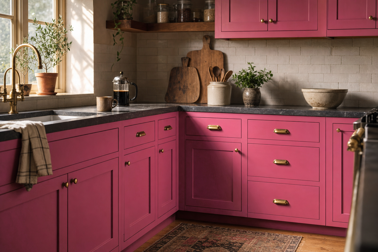 Pink by Benjamin Moore on cabinets