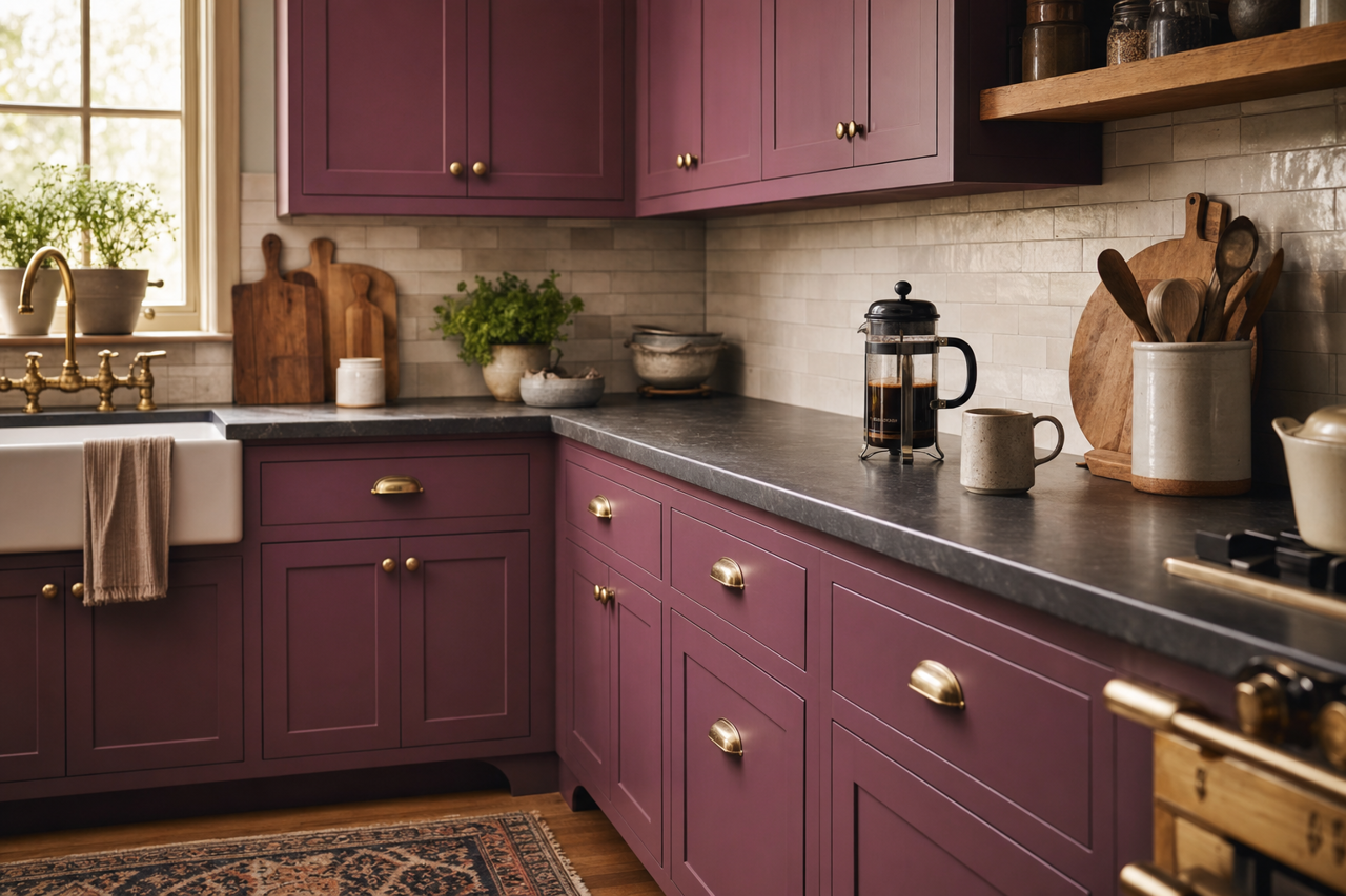 Bottle of Bordeaux by Benjamin Moore on cabinets