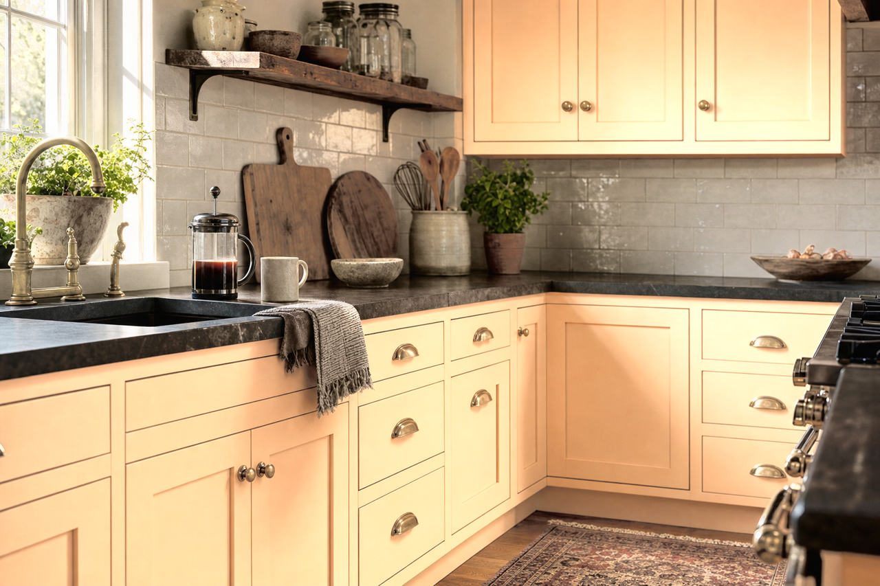 Apricot by Benjamin Moore on cabinets