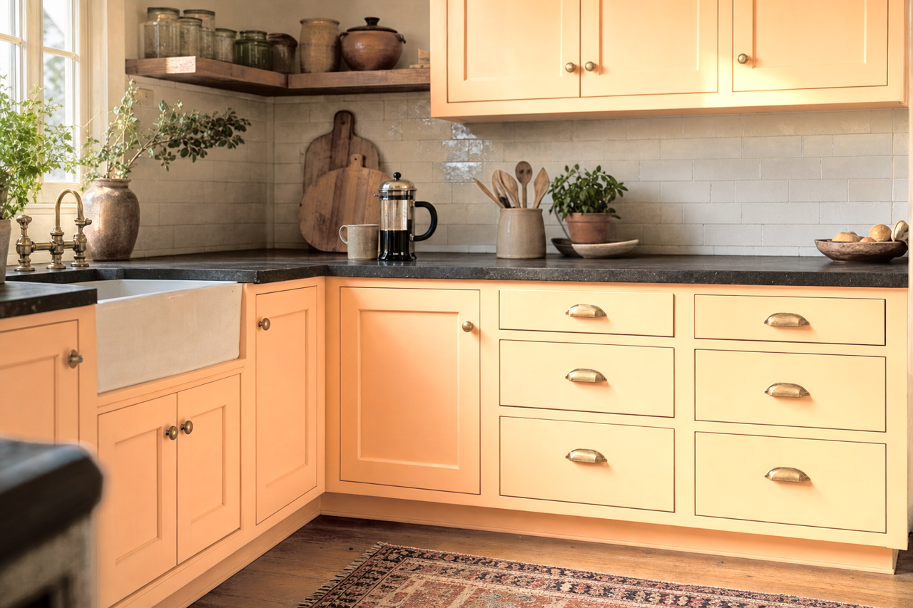 Peach Pudding by Benjamin Moore on cabinets