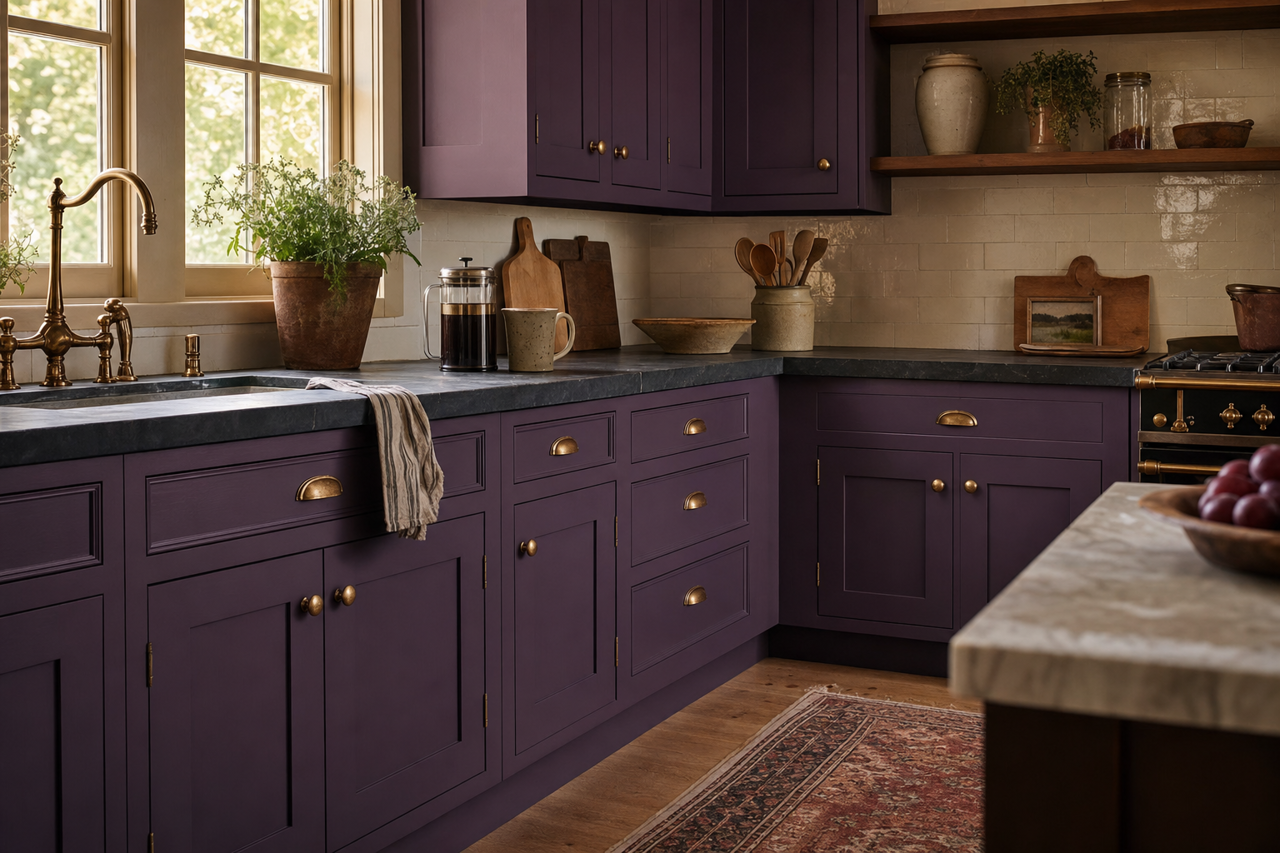 Purple by Benjamin Moore on cabinets