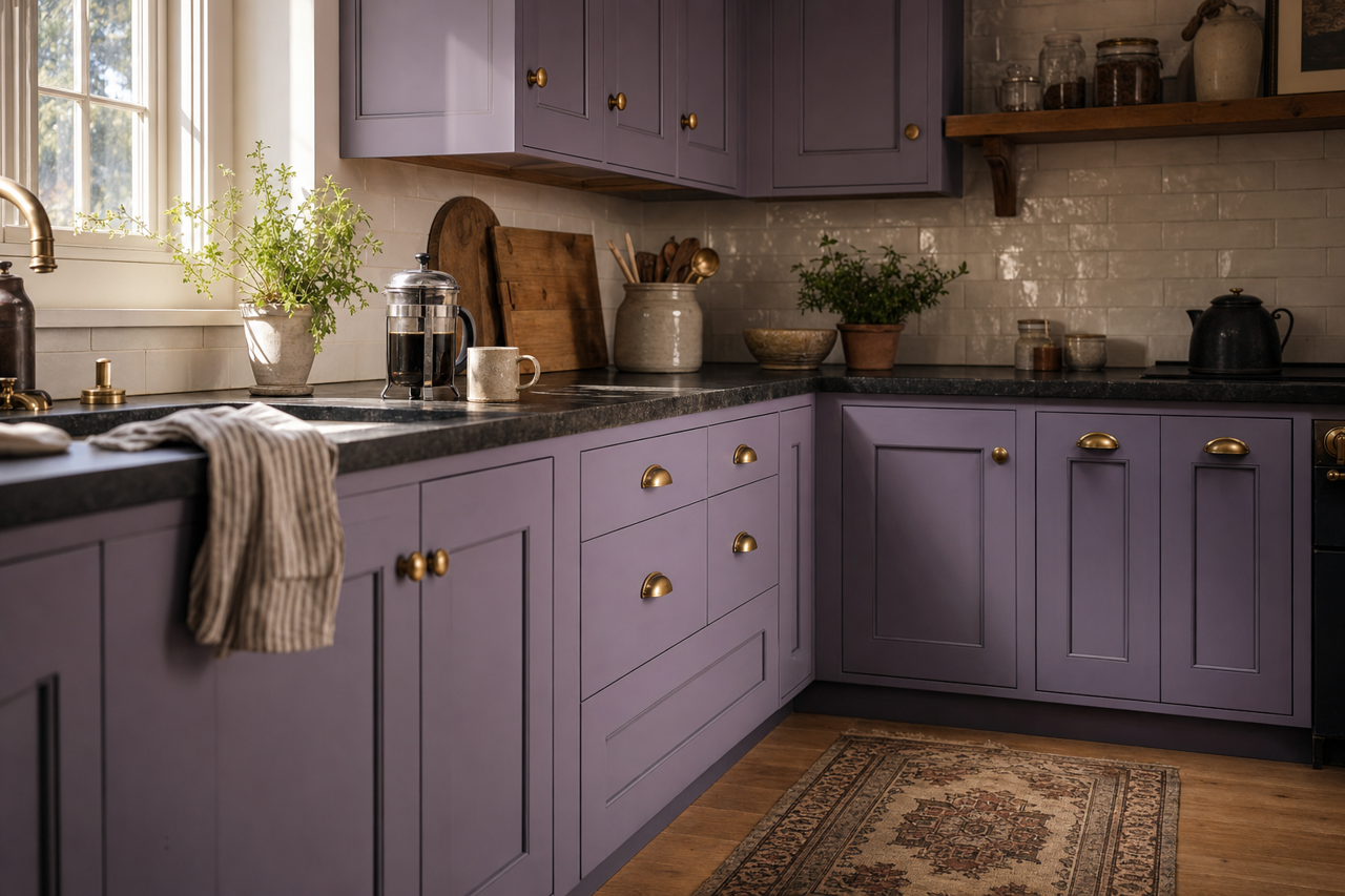 Purple by Benjamin Moore on cabinets