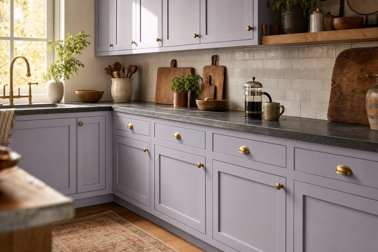Central Mauve by Benjamin Moore on cabinets