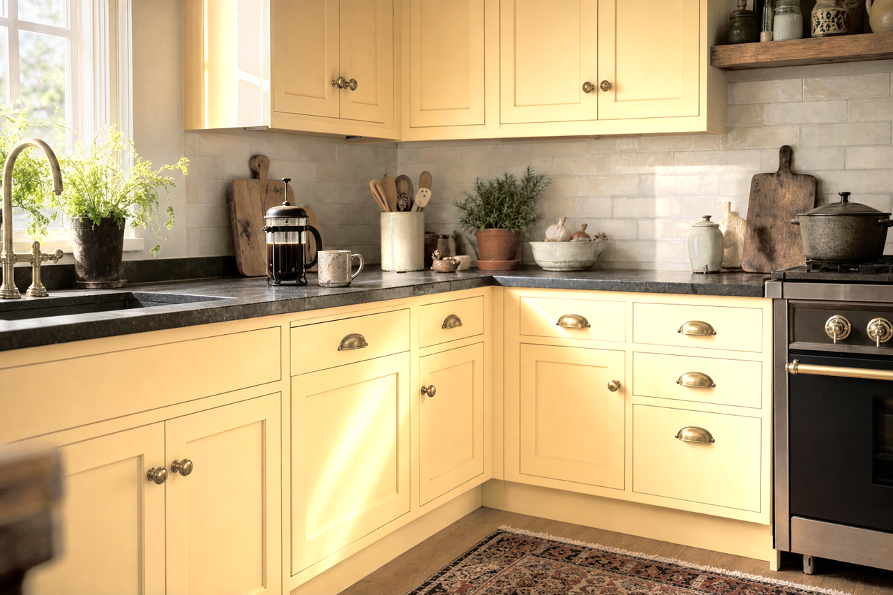 Pineapple by Benjamin Moore on cabinets