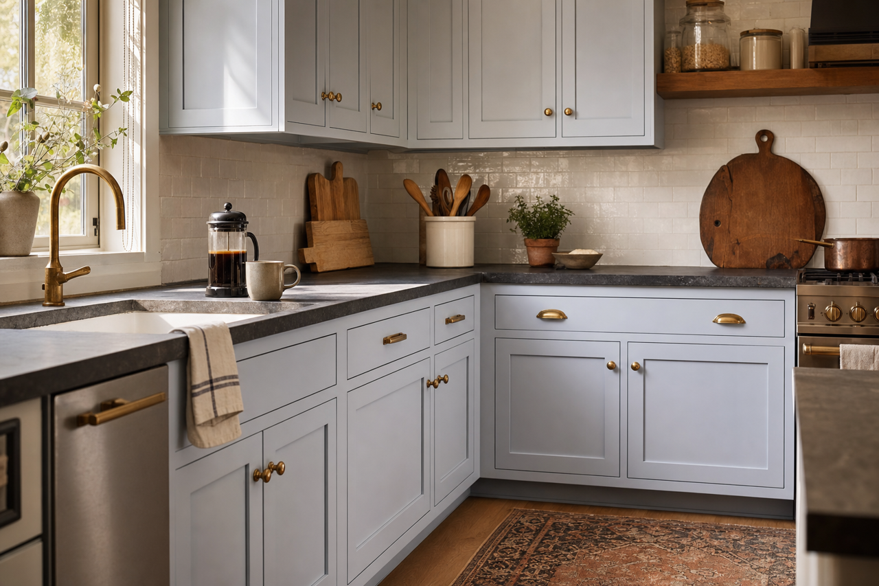 Celestia Blue by Benjamin Moore on cabinets