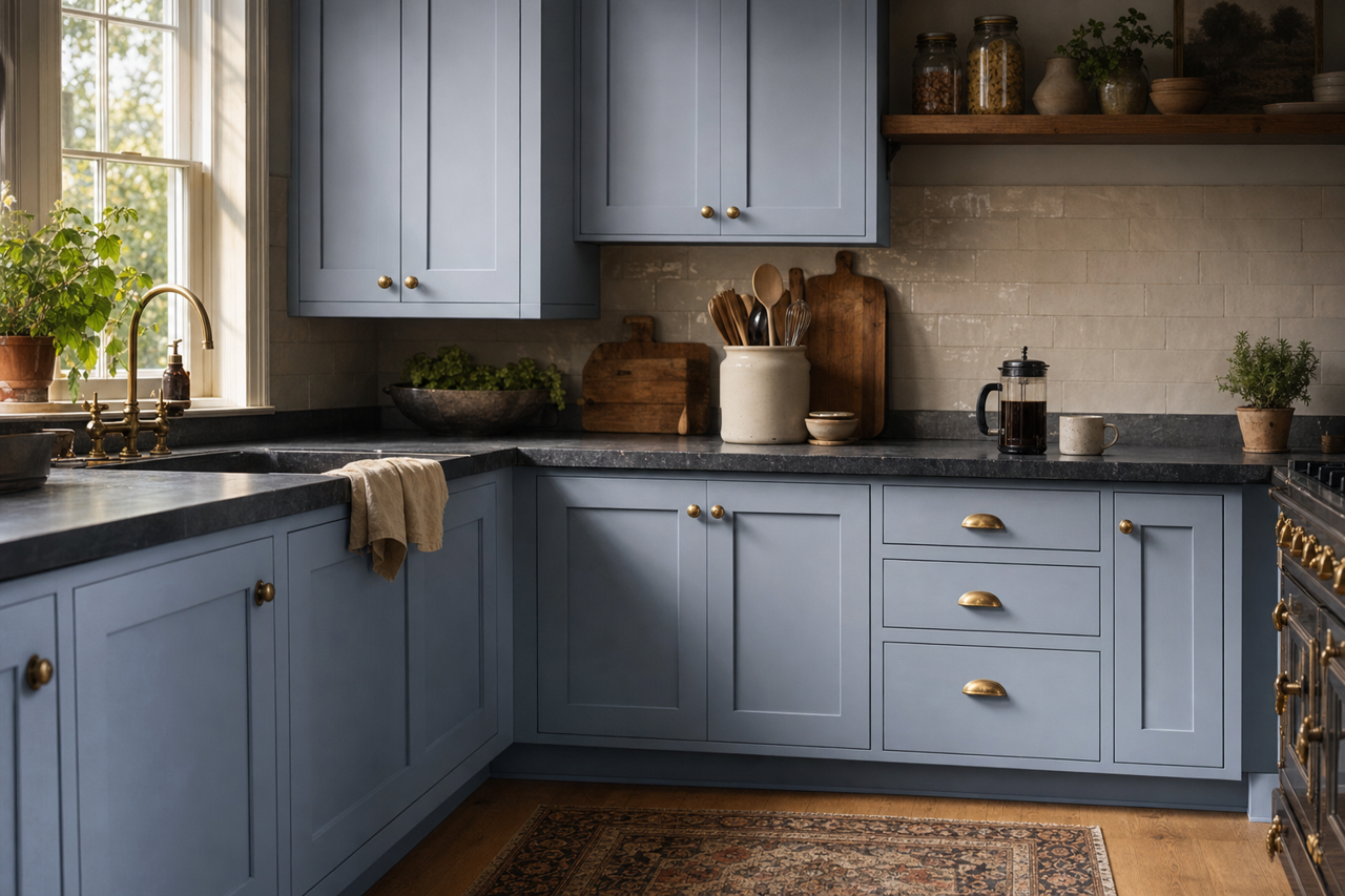 Blue Pearl by Benjamin Moore on cabinets