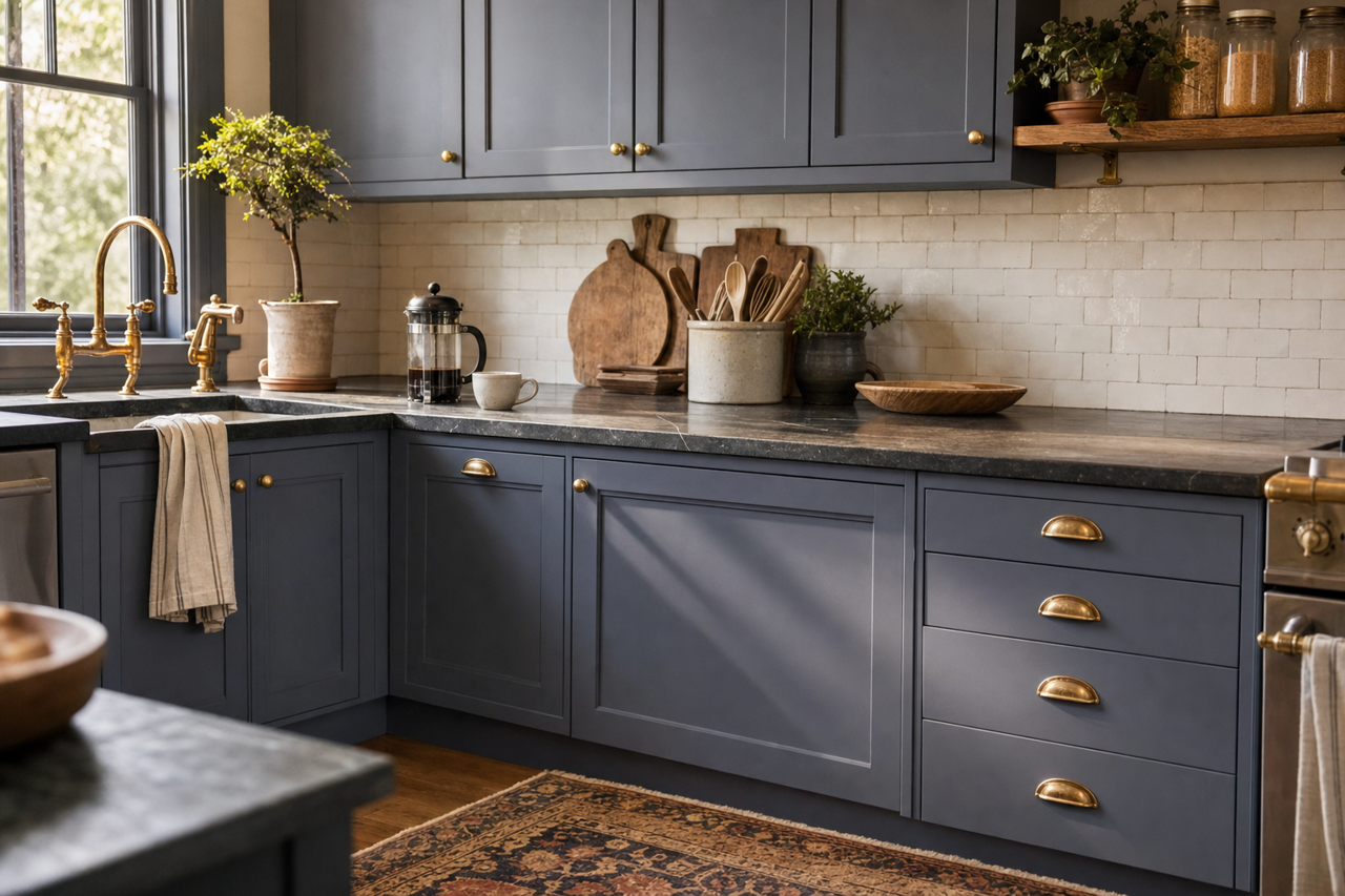Blue Gaspe by Benjamin Moore on cabinets