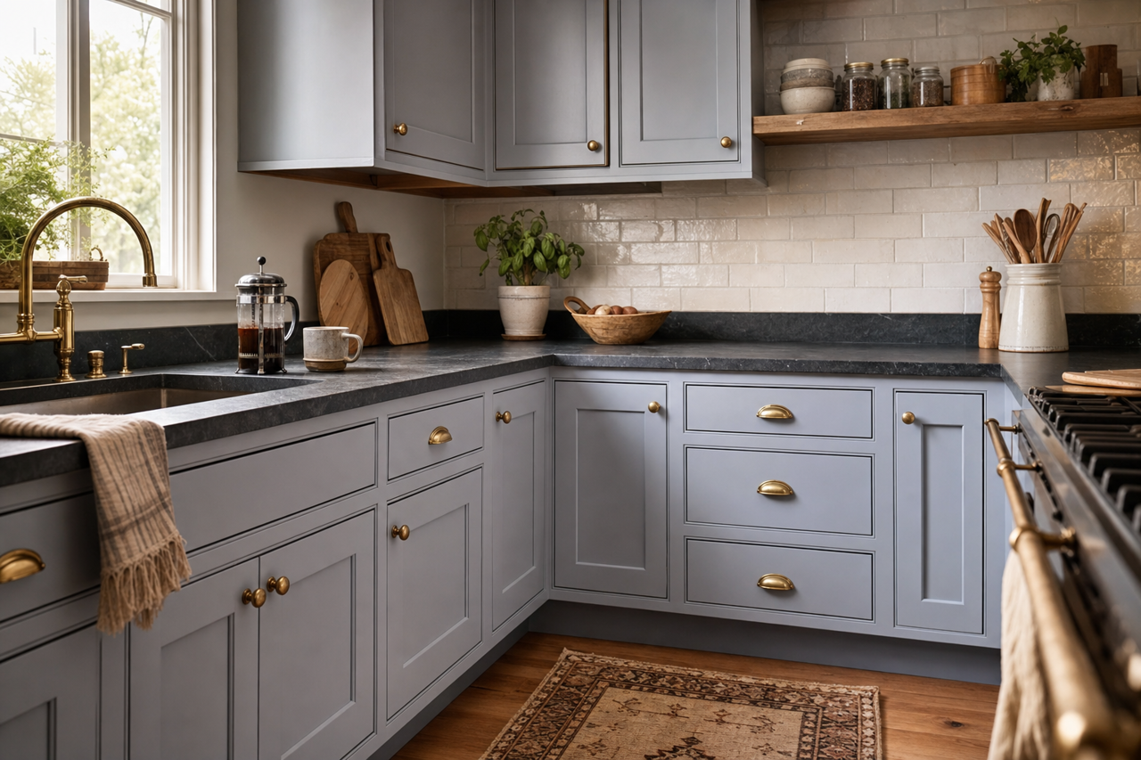 Yukon Sky by Benjamin Moore on cabinets