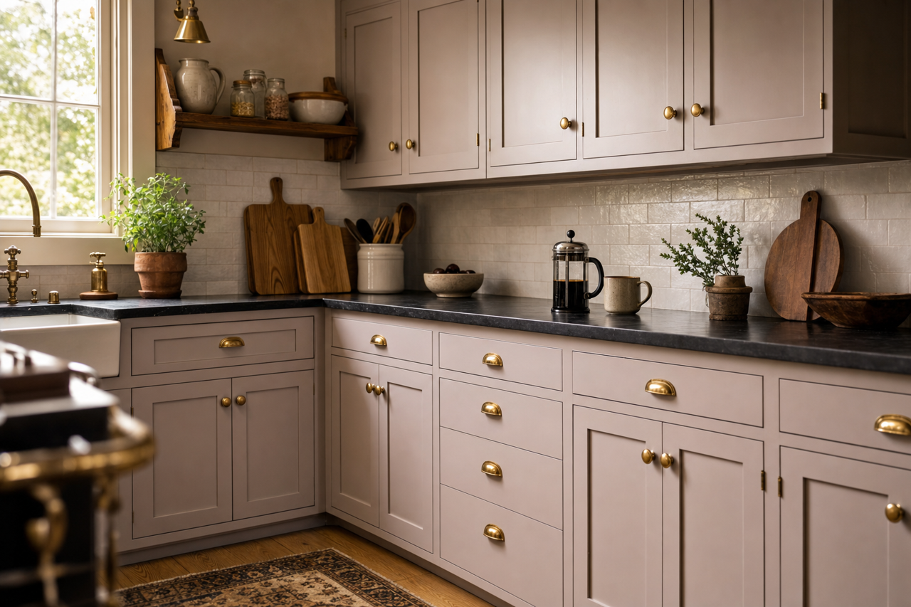 Dusk to Down by Benjamin Moore on cabinets