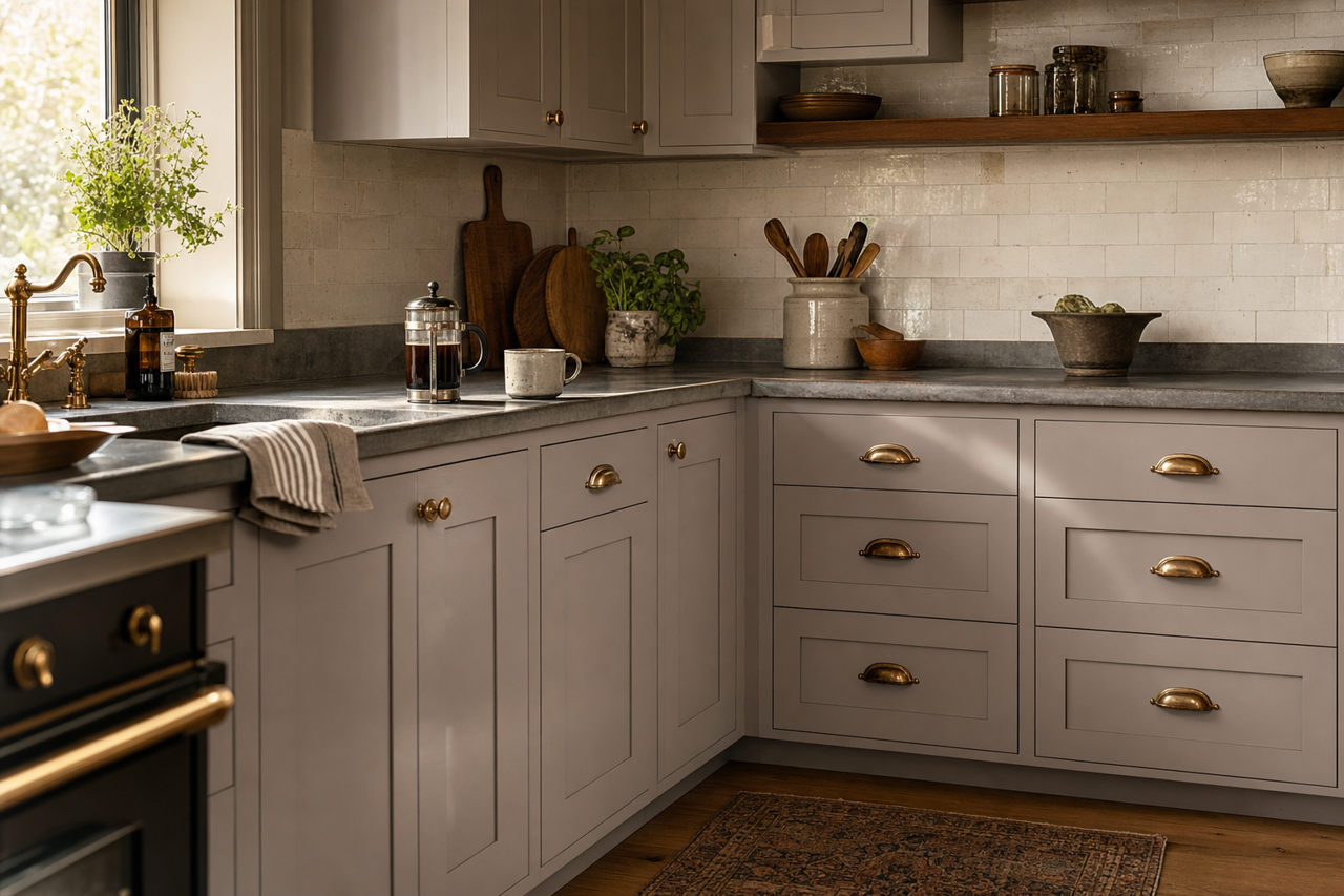 Pebble Creek by Benjamin Moore on cabinets