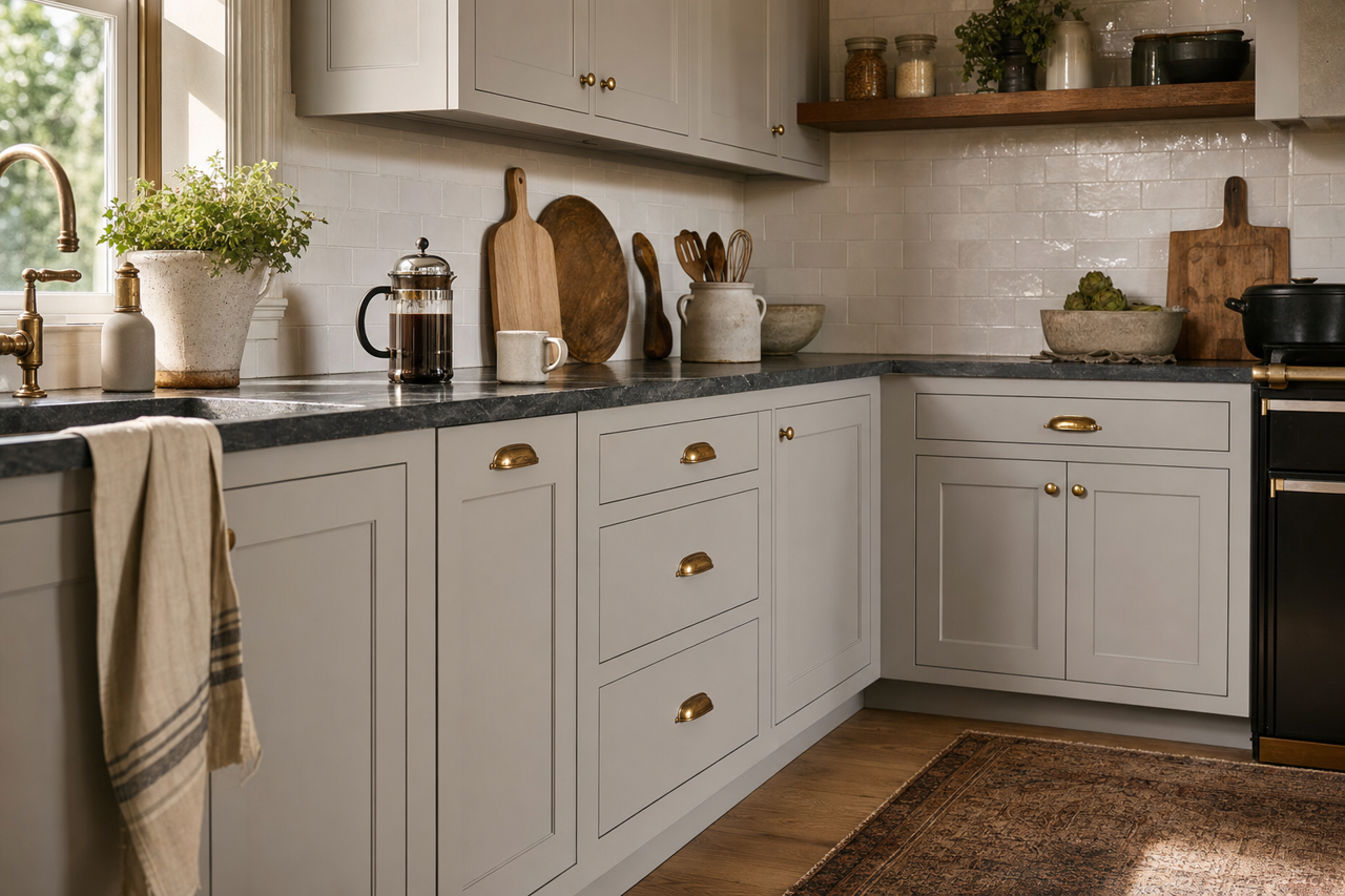 Silver by Benjamin Moore on cabinets