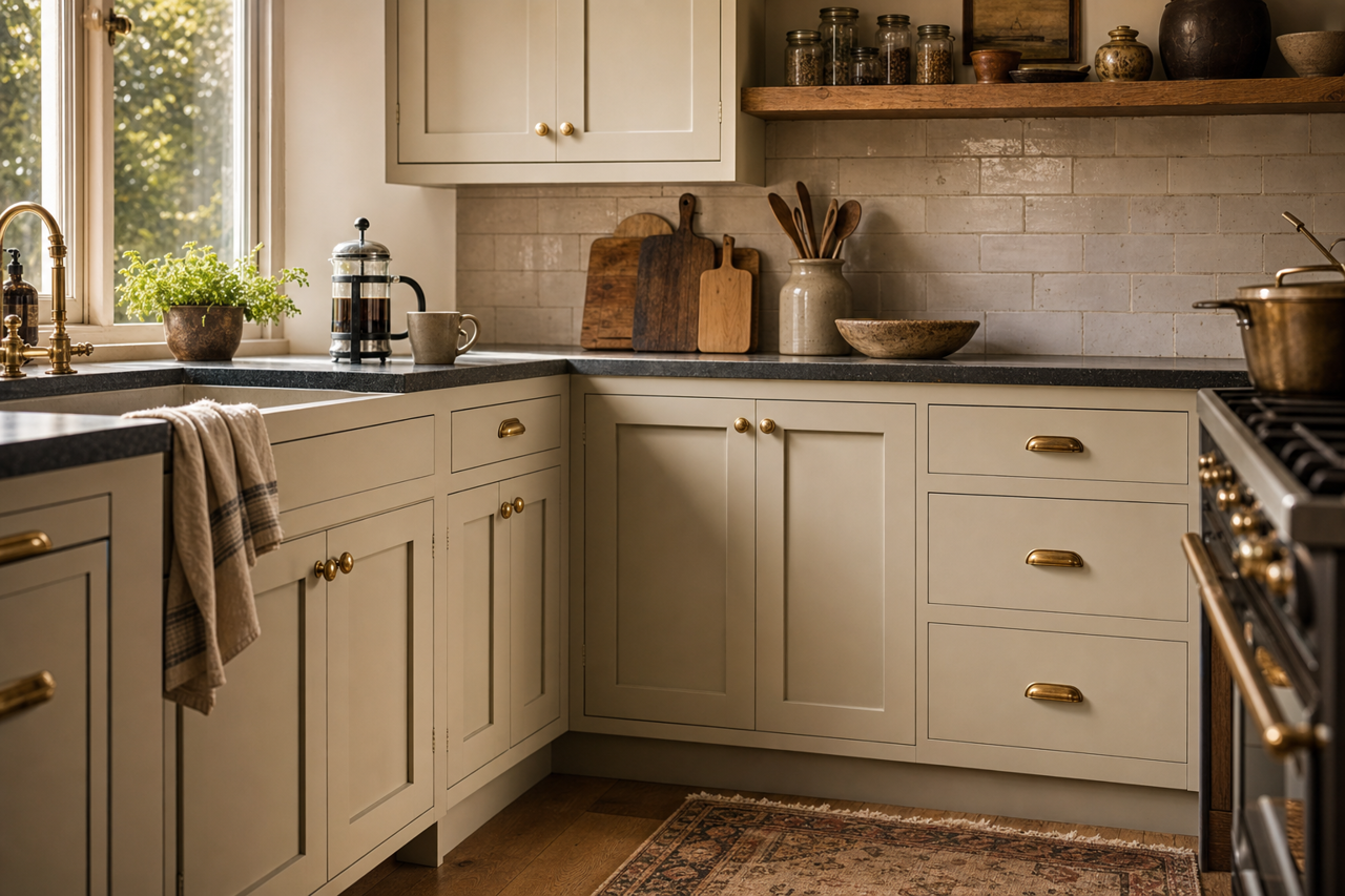 Winterwood by Benjamin Moore on cabinets