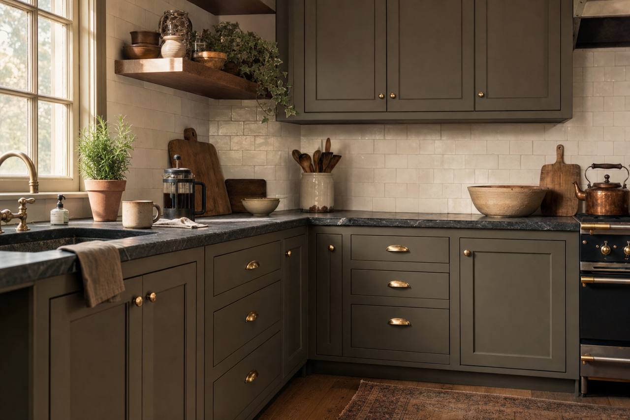 Aegean by Benjamin Moore on cabinets