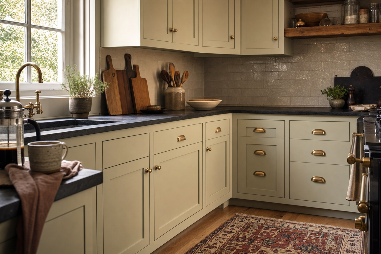 October Mist by Benjamin Moore on cabinets