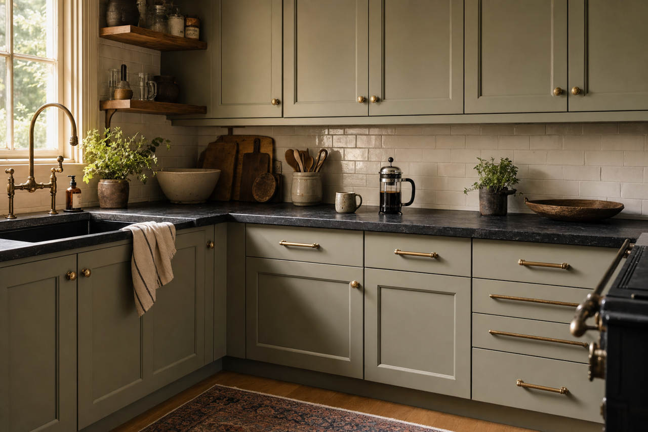 Raintree by Benjamin Moore on cabinets