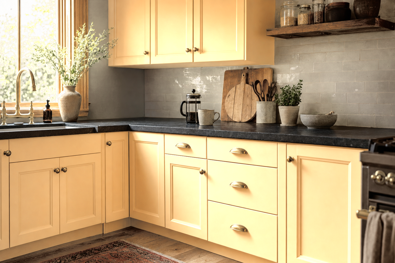 Peach Yogurt by Benjamin Moore on cabinets