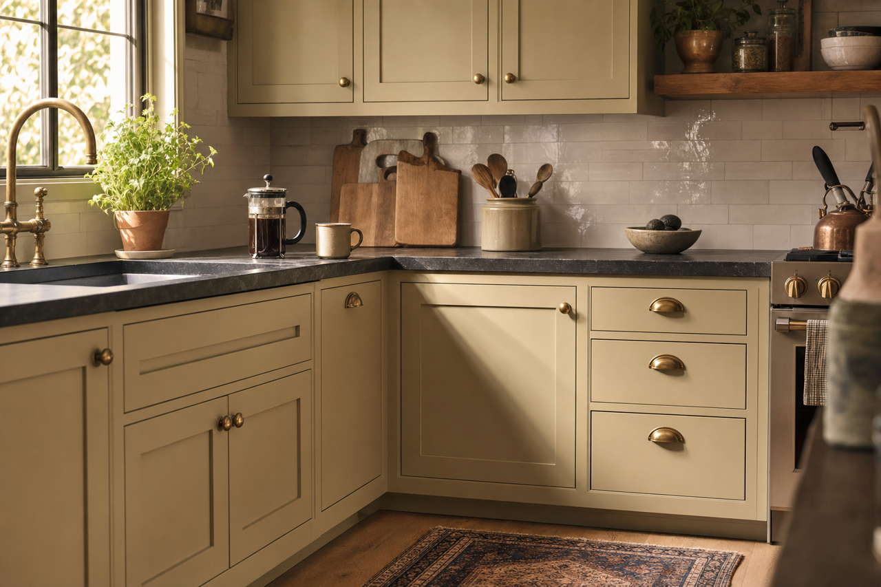 Cheyenne Green by Benjamin Moore on cabinets