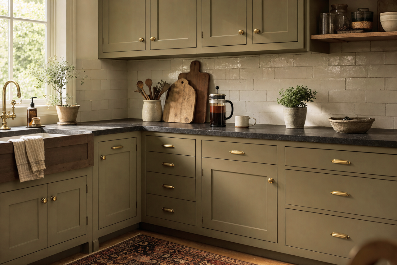 Smoke Bush by Benjamin Moore on cabinets