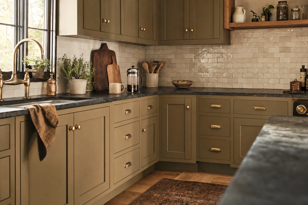Evening Grove by Benjamin Moore on cabinets