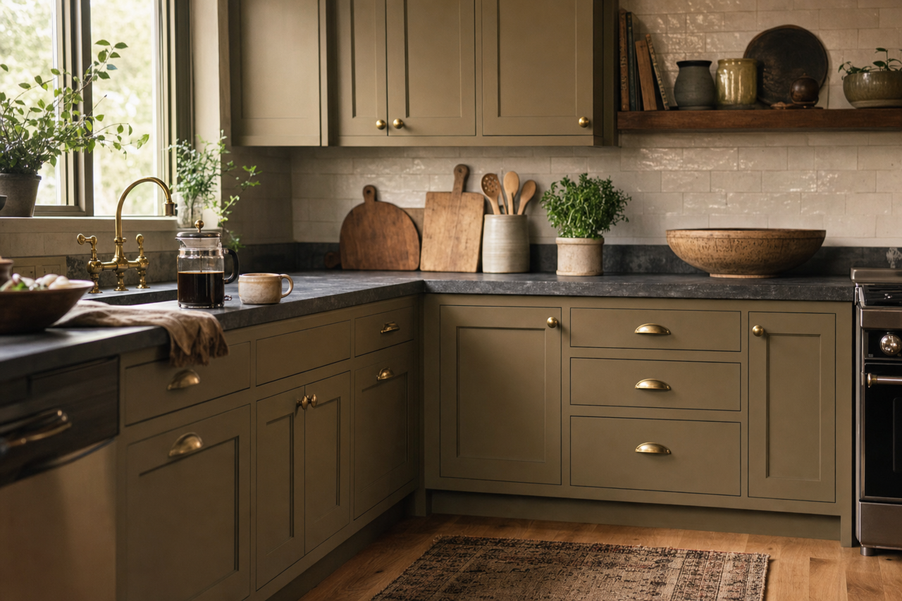 Bayleaf by Benjamin Moore on cabinets