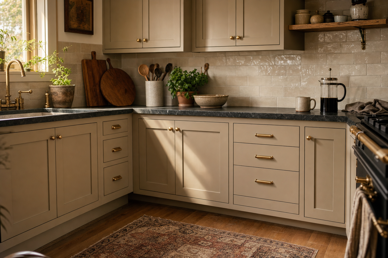 Waynesboro Taupe by Benjamin Moore on cabinets