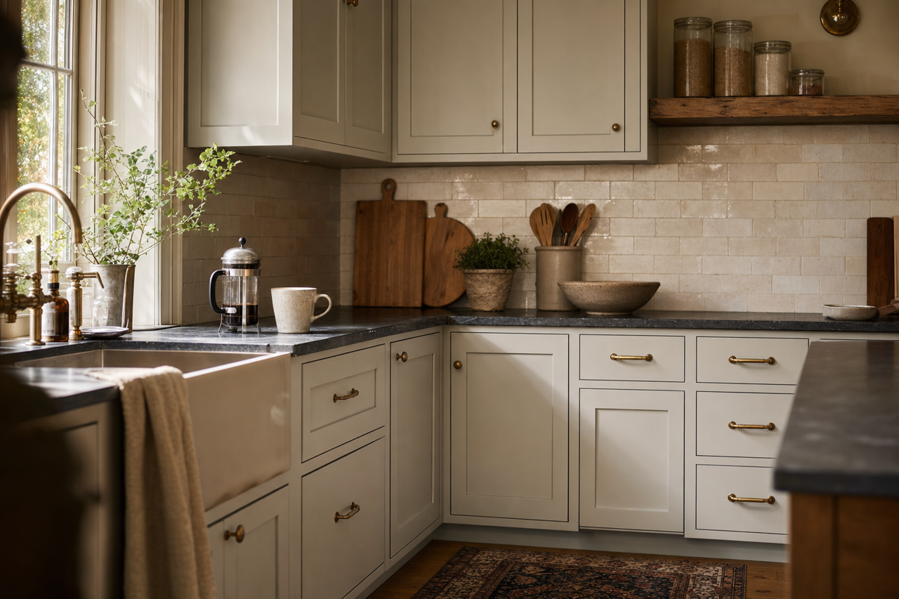 La Paloma Gray by Benjamin Moore on cabinets