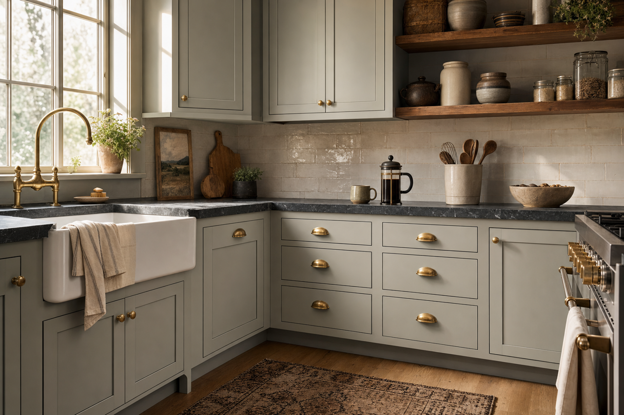 Fieldstone by Benjamin Moore on cabinets
