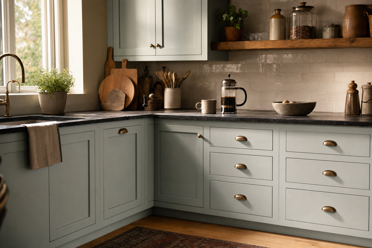 Beach Glass by Benjamin Moore on cabinets