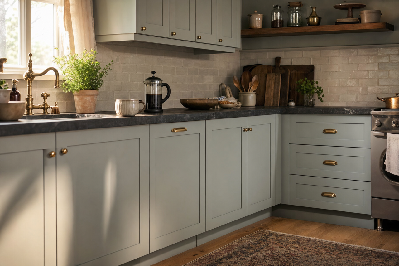 Mount Saint Anne by Benjamin Moore on cabinets
