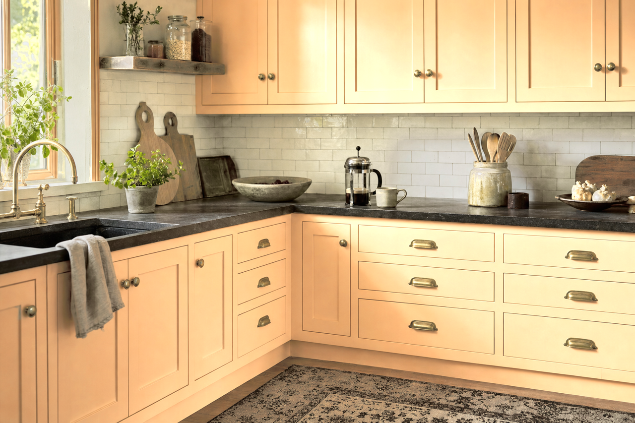 Cantaloupe by Benjamin Moore on cabinets