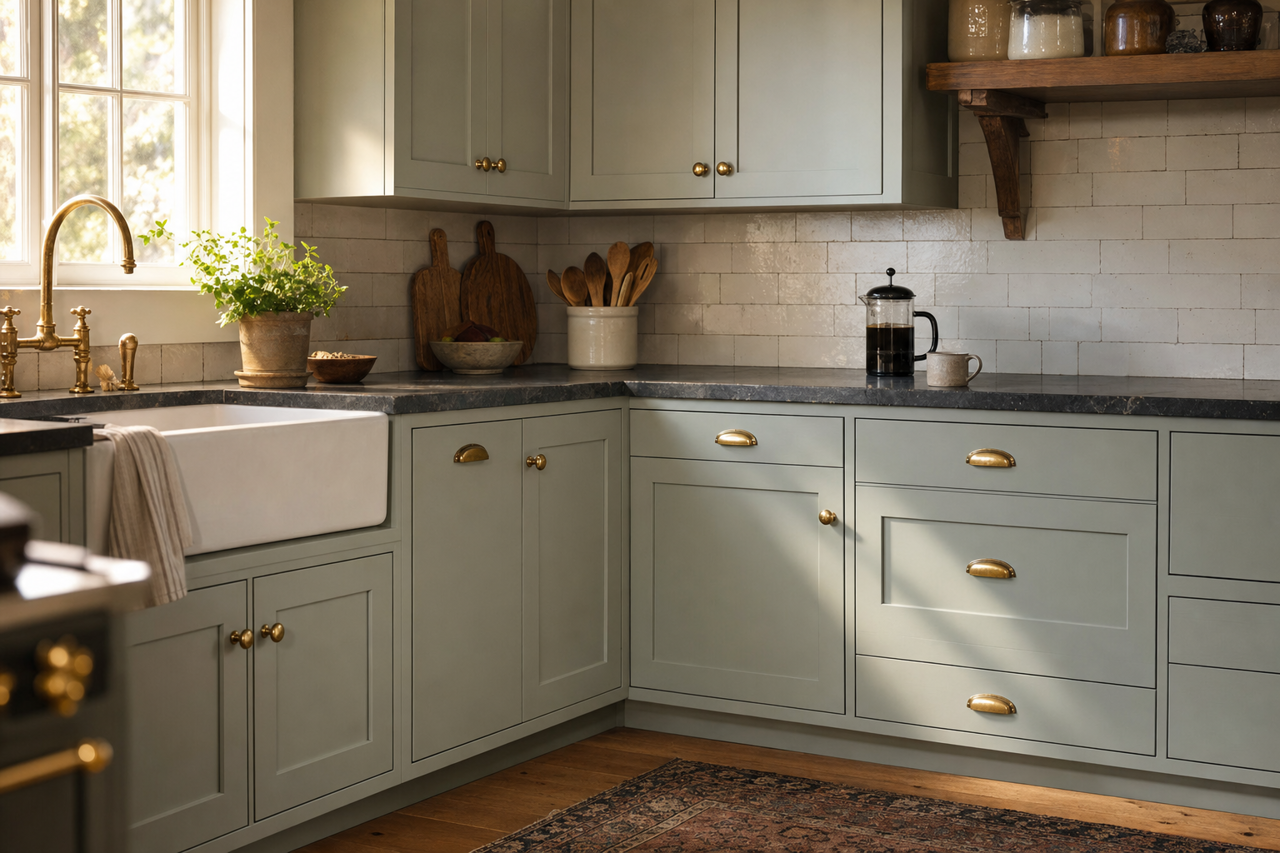 Raindance by Benjamin Moore on cabinets