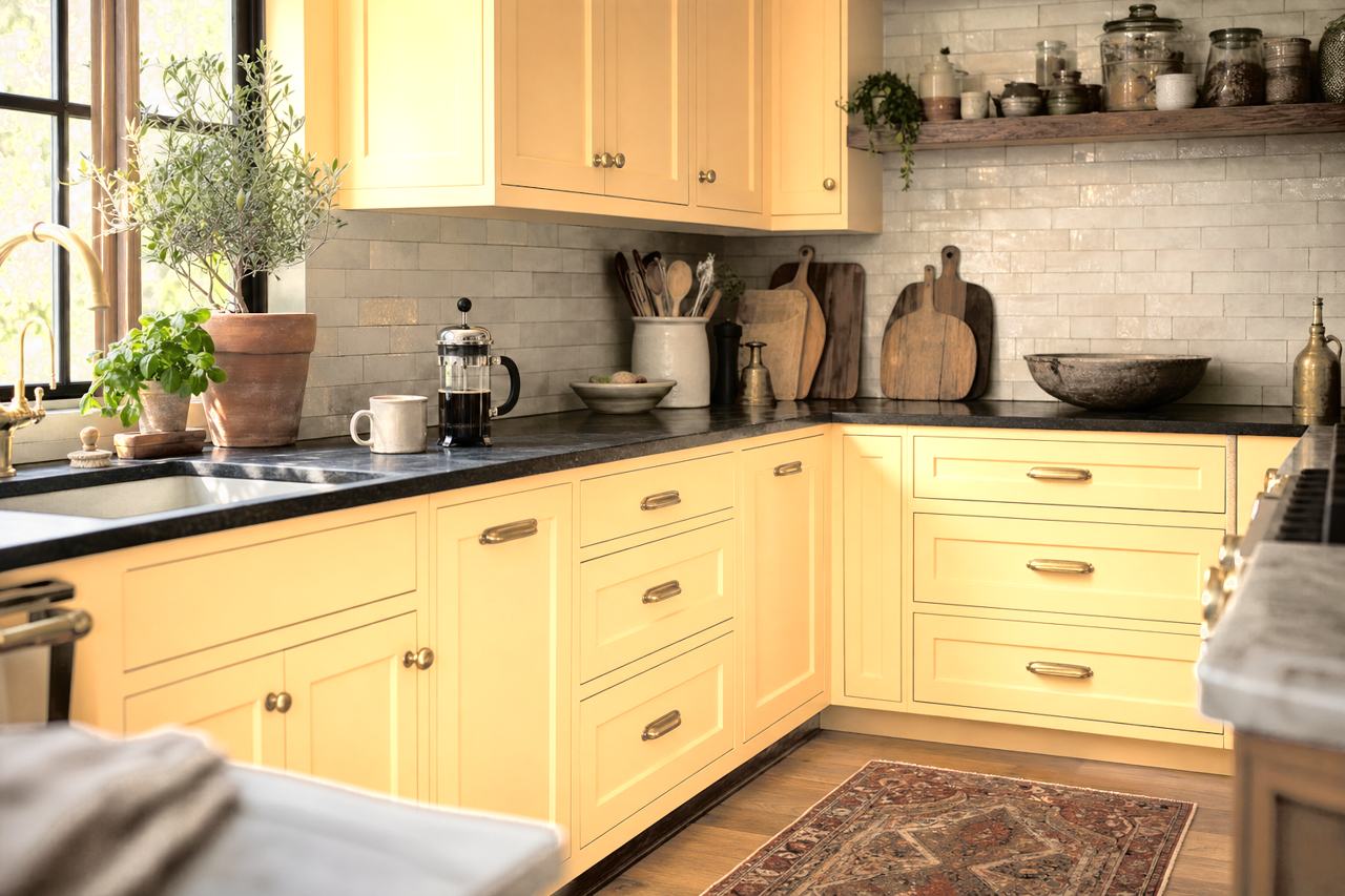 Pineapple by Benjamin Moore on cabinets