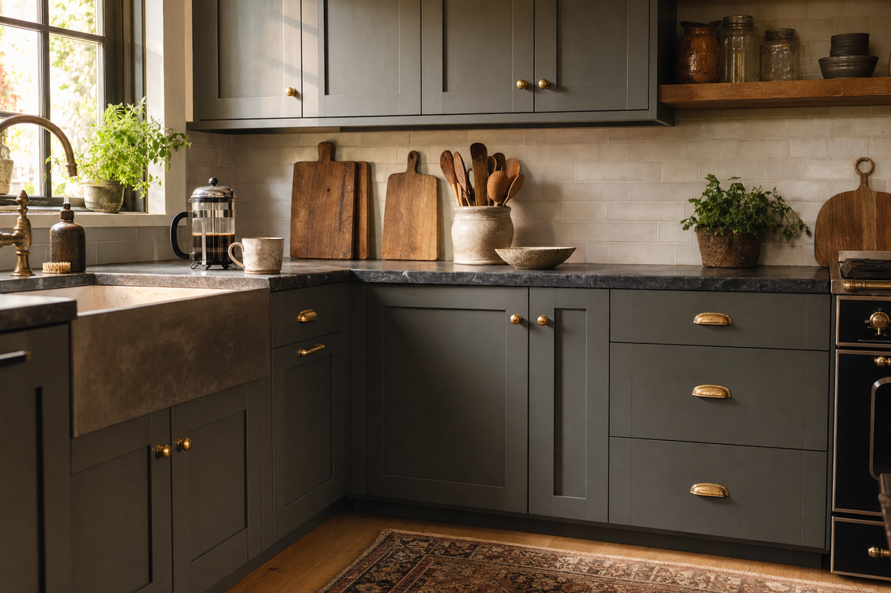 Deep River by Benjamin Moore on cabinets