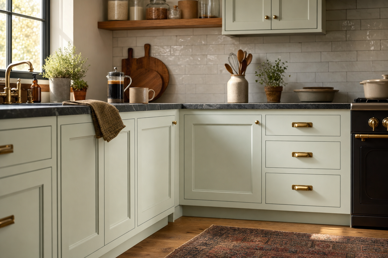 Silver Crest by Benjamin Moore on cabinets